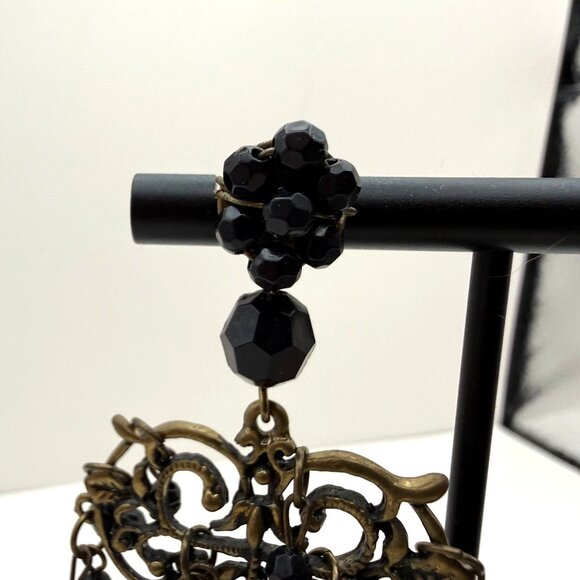 Vintage Black Beaded Chandelier Earrings Antiqued Brass Gothic Boho - Picture 6 of 8